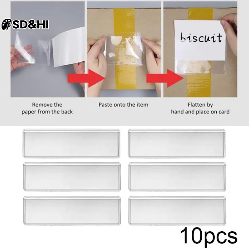 10Pcs Clear Adhesive Shelf PVC Tag Pockets Label Holders For DIY Organizing Classify Items Stationery Office Home Storage