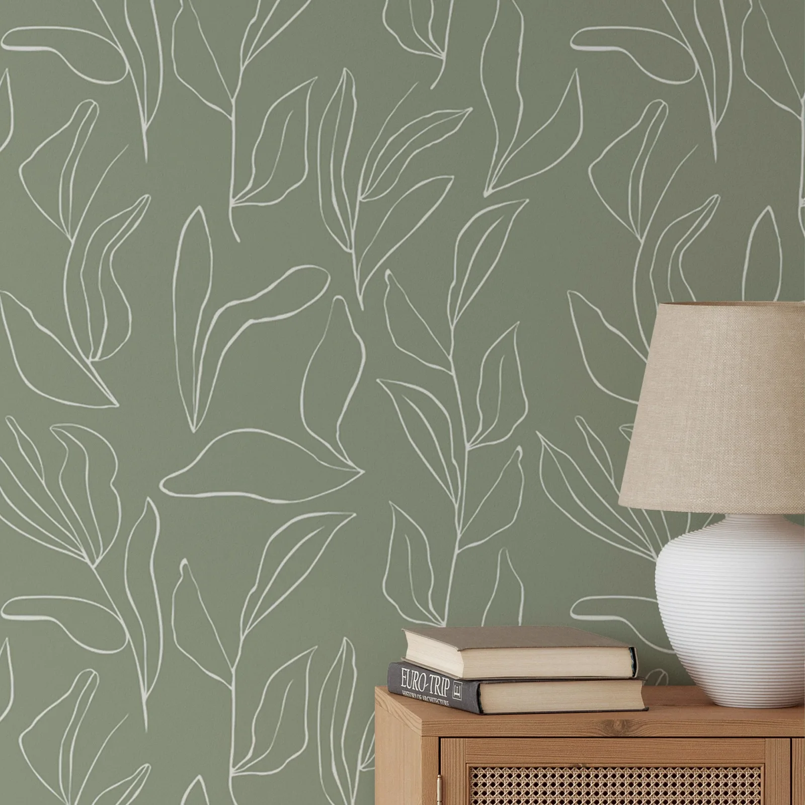 Sage Modern Leaves Peel and Stick Wallpaper,Tropical Minimalistic Wall Mural,Self Adhesive or Tradition Non-woven  Wall Paper