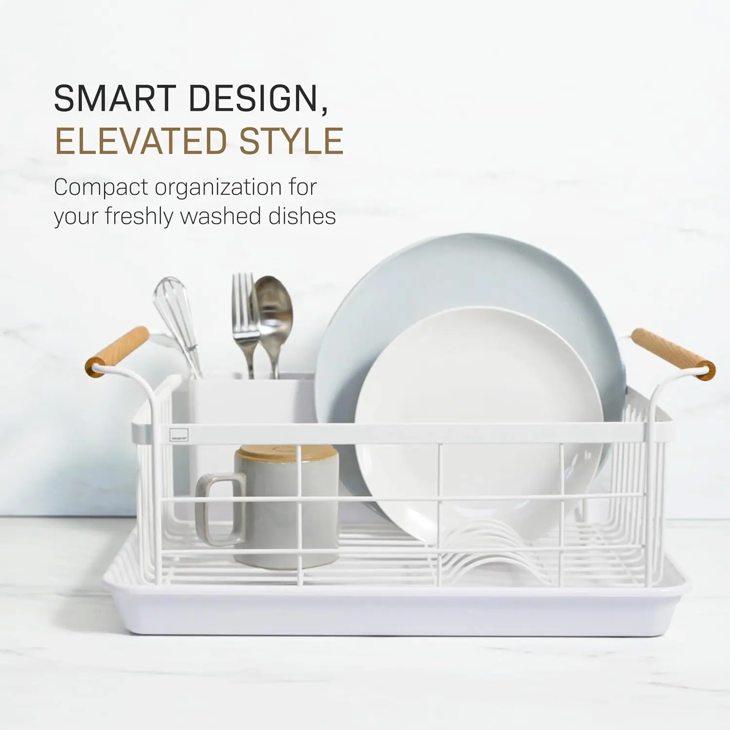 Home Dish Drying Rack – Modern White Dish Rack for Kitchen Counter with Removable Drying Tray and Cutlery Holder, Steel + Wood Dish Drying Organizer - Steel + Wood -