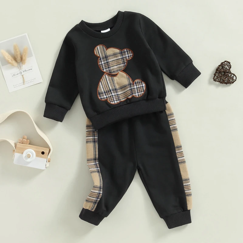 Kleinkind-Unisex-Outfit, bezaubernder Pullover mit Bären-Aufdruck und gemütlicher karierter Hose, Set für Babys, Jungen und Mädchen