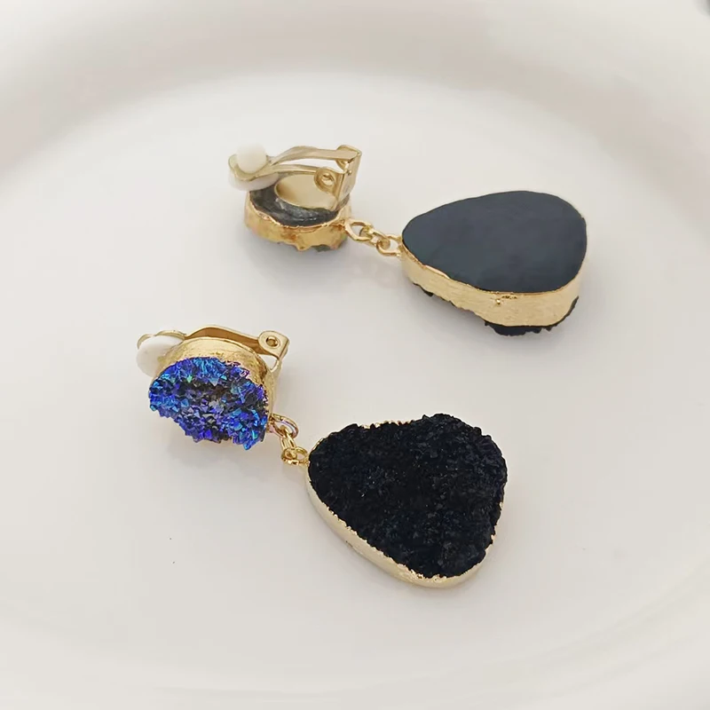 2019 New Bohemian Green Druzy Resin Stone Clip on Earrings No Pierced for Women Jewelry Drusy Ear Clips Eardrop Long Earrings