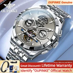 OUPINKE Automatic Watch Skeleton Stainless steel Wristwatch Calendar Week Multifunctional Waterproof Sapphire Mirror Men's Watch