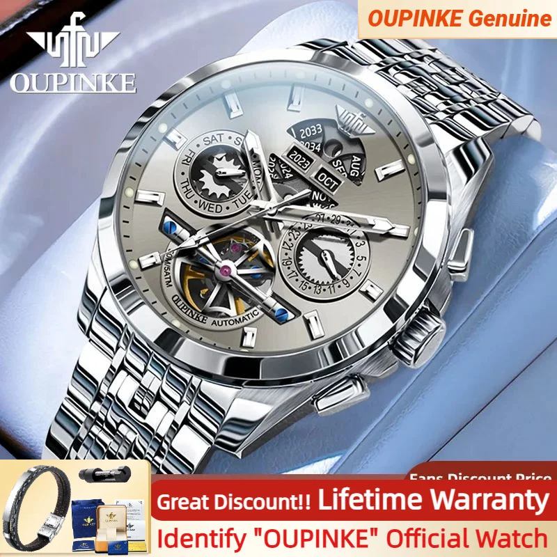 OUPINKE Automatic Watch Skeleton Stainless Steel Wristwatch Calendar Week Multifunctional Waterproof Sapphire Mirror Men's Watch