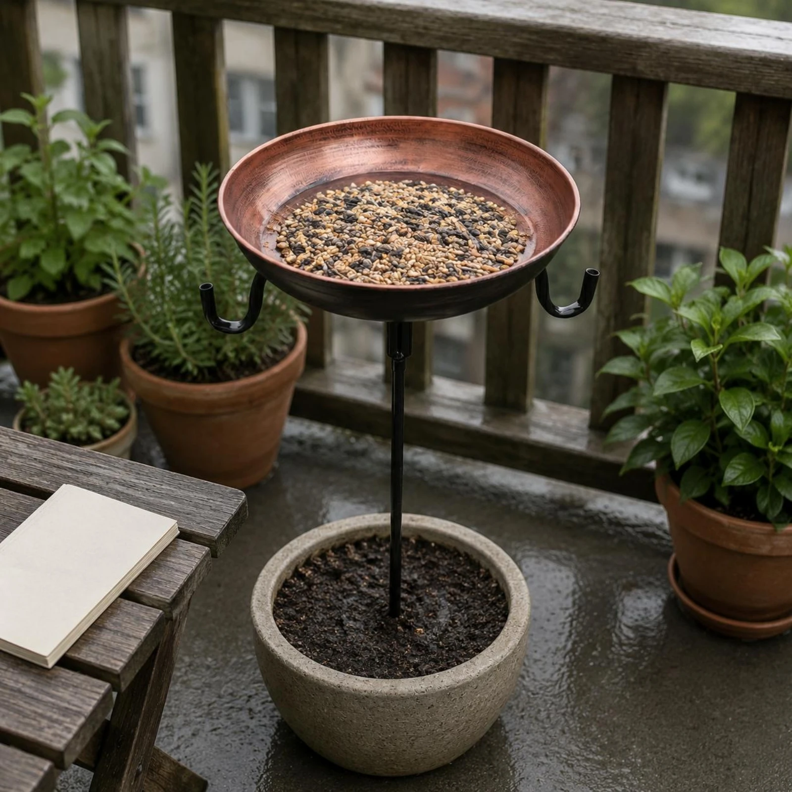 Metal Bird Bath Feeder Side Hooks Bird Bath Stake Feeder Garden Decor Multi Use Yard Ornament Waterproof view 6
