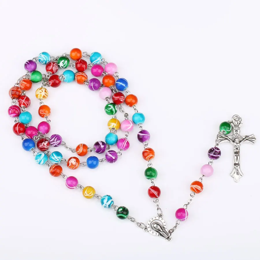 8MM Acrylic Prayer Bead Necklace For Women Crucifix Cross INRI Pendant Long Chain Girls Religion Christian Rosary Jewelry