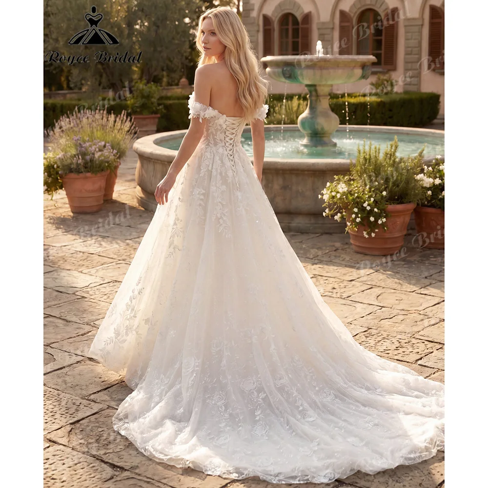 2027 Off‑the‑Shoulder A‑Line Wedding Dress 3D Floral Lace Glitter Tulle Corset Lace‑Up Back Vestido De Novia For Garden Customiz