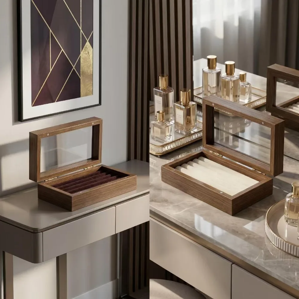Elegant Wood Grain Single Layer Jewelry Storage Box Flip Top Visible Display Case for Rings Earrings Daily Jewellery Organizer