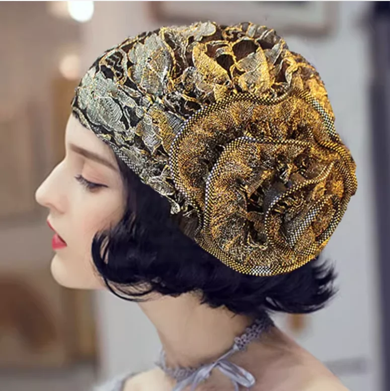 

Retro Hollowed Out Women's Lace Headscarf Hat With Large Flower Shaped Toe Cap