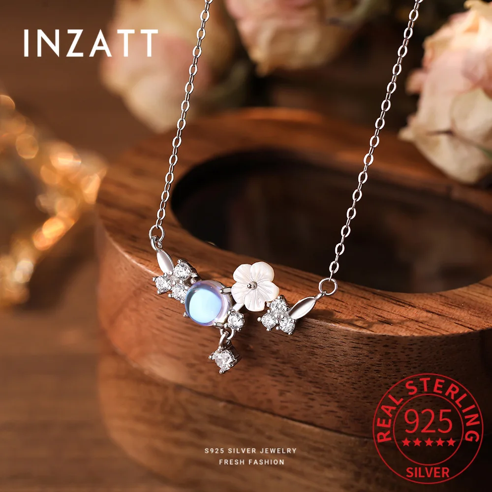 

INZATT Real 925 Sterling Silver Zircon Shell Flower Plant Choker Necklace for Women Cute Fine Jewelry Light Luxury Accessories