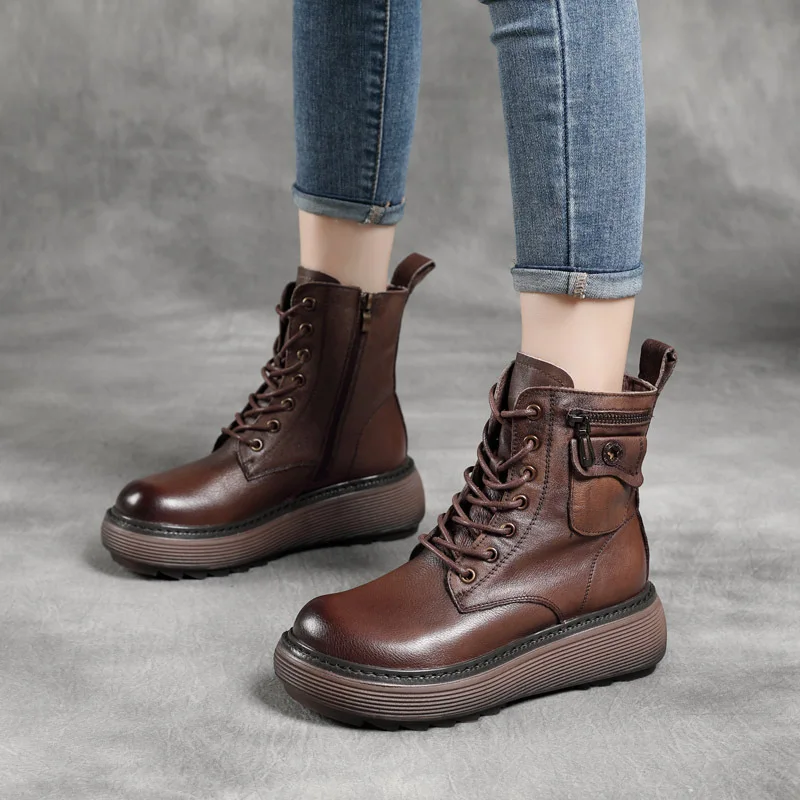 21 Autumn Boots New Pocket Bag Charter Car Boots Single Boots Genuine Leather Zip Platform Short Boots for