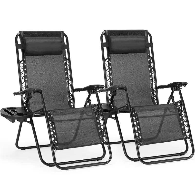 2-Piece Zero-gravity lounge chair, outdoor terrace folding lounge chair with pillow and cup holder