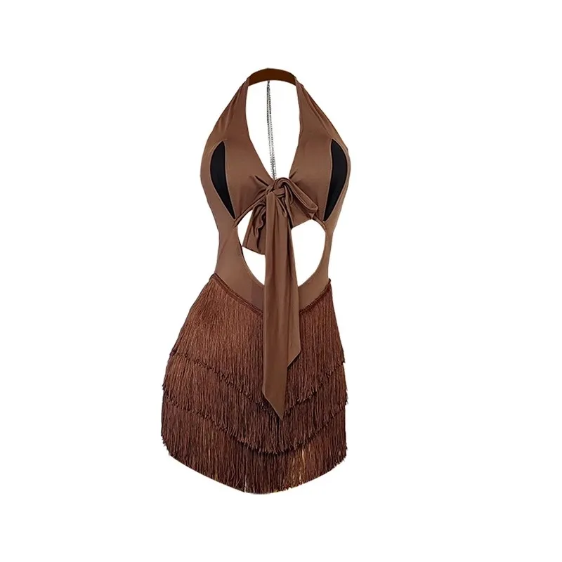 2025, neues Fransen-Latin-Tanzkleid für Damen, Performance, Salsa-Tanzkleidung, ärmellos, Rumba, Chacha, Bühnenkleidung