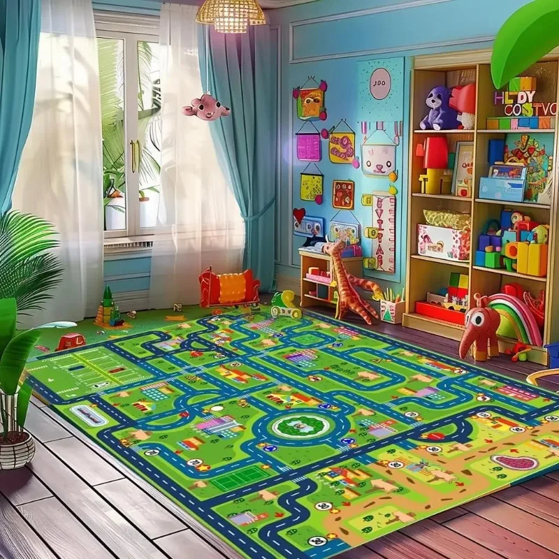 Large City Traffic Play Rug Flannel Kids Game Carpet Non Slip Road Map Floor Mat for Toddlers Playroom Bedroom Toy Car Mat