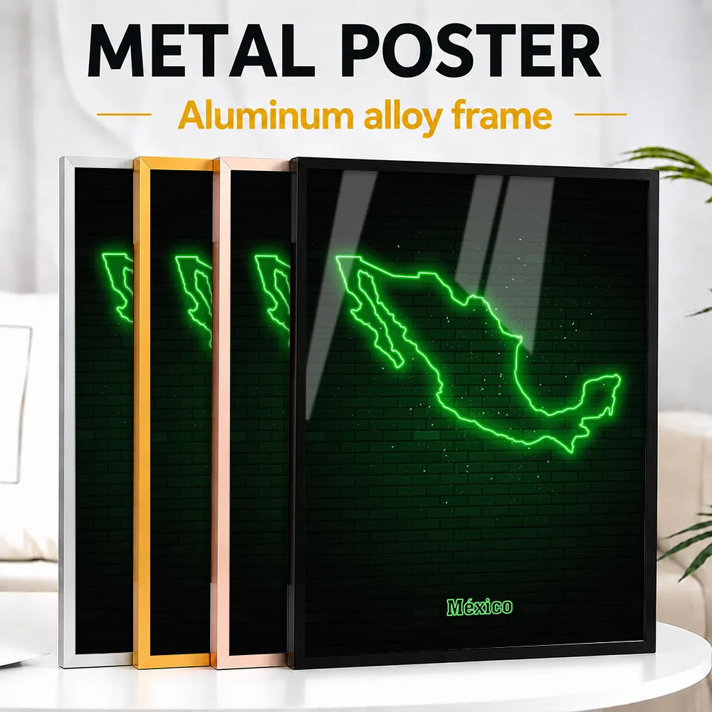 Mexico Map Outline Metal Poster With Aluminum Alloy Frame Personalized Neon Style Wall Art For Living Room And Travel Agency