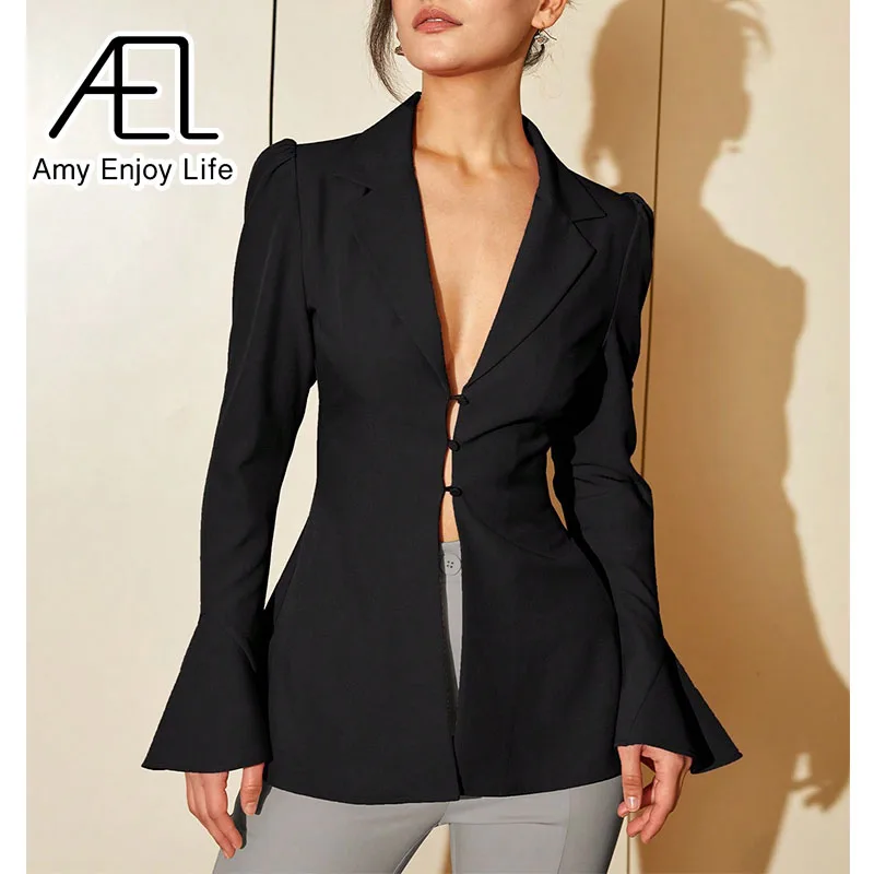 AEL Woman New Autumn/Winter Elegant Solid Lapel Neck Flare Sleeve Button Front Blouse