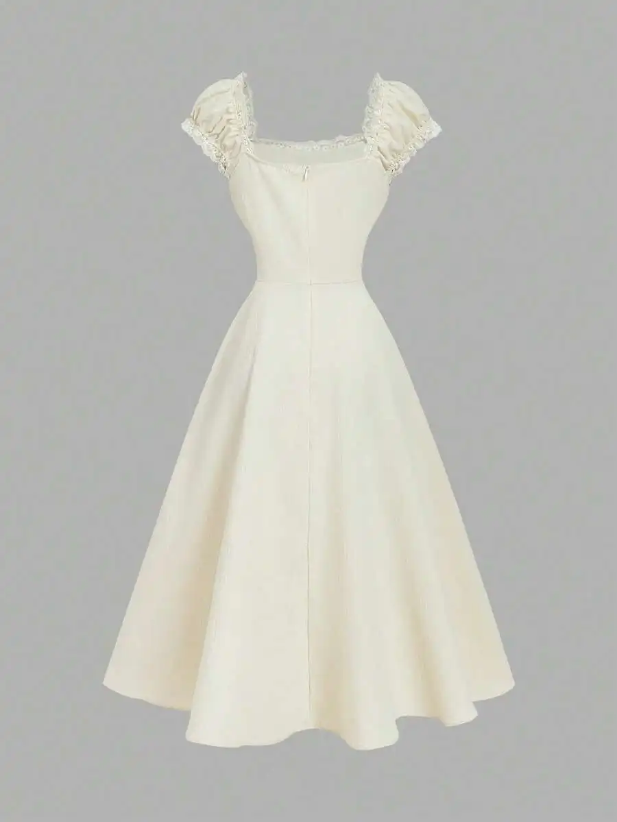 Black Floral Embroidered Square Neck Midi Dress with Ruffled Cap Sleeves