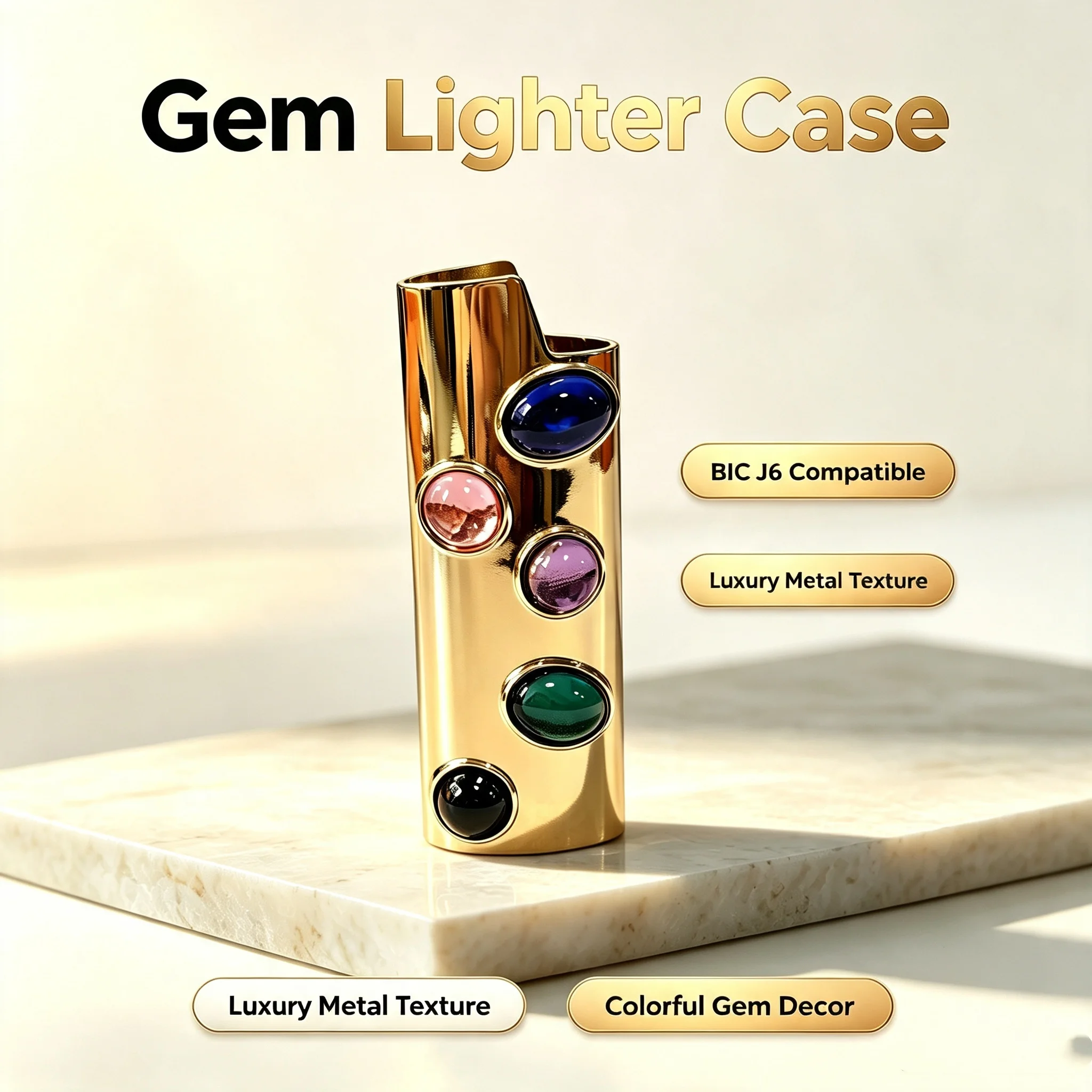 Colorful Gem Inlaid Zinc Alloy Lighter Case Vintage Polished Metal Protective Shell Compatible with BIC J6 view 2