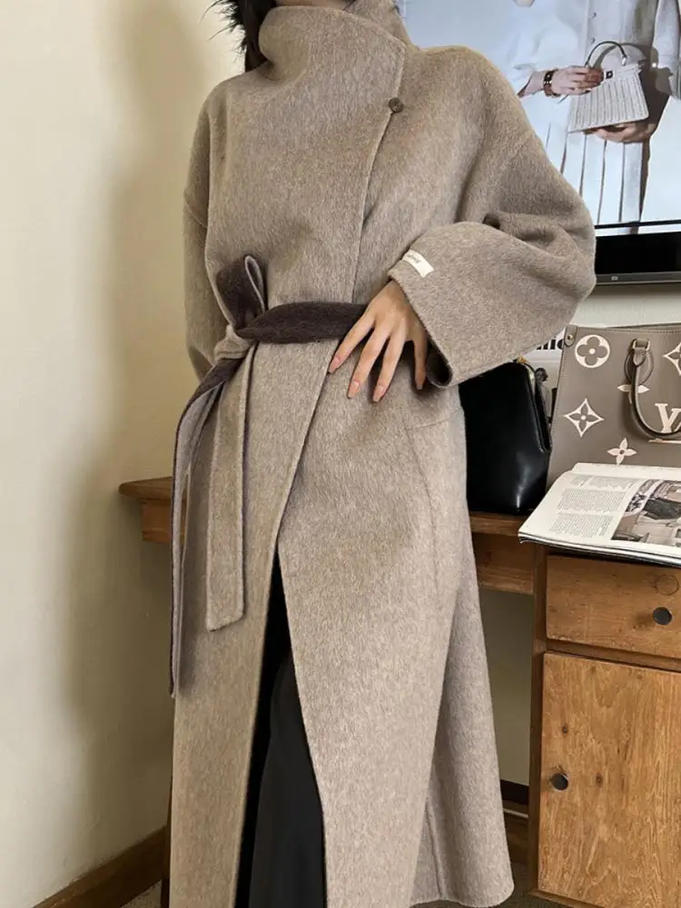 Wear It On Both Sides Lady Woolen Jackets 2024 Autumn And Winter Bathrobe Style Large Lapel Lace Up Tie Damskie długie wełniane płaszcze