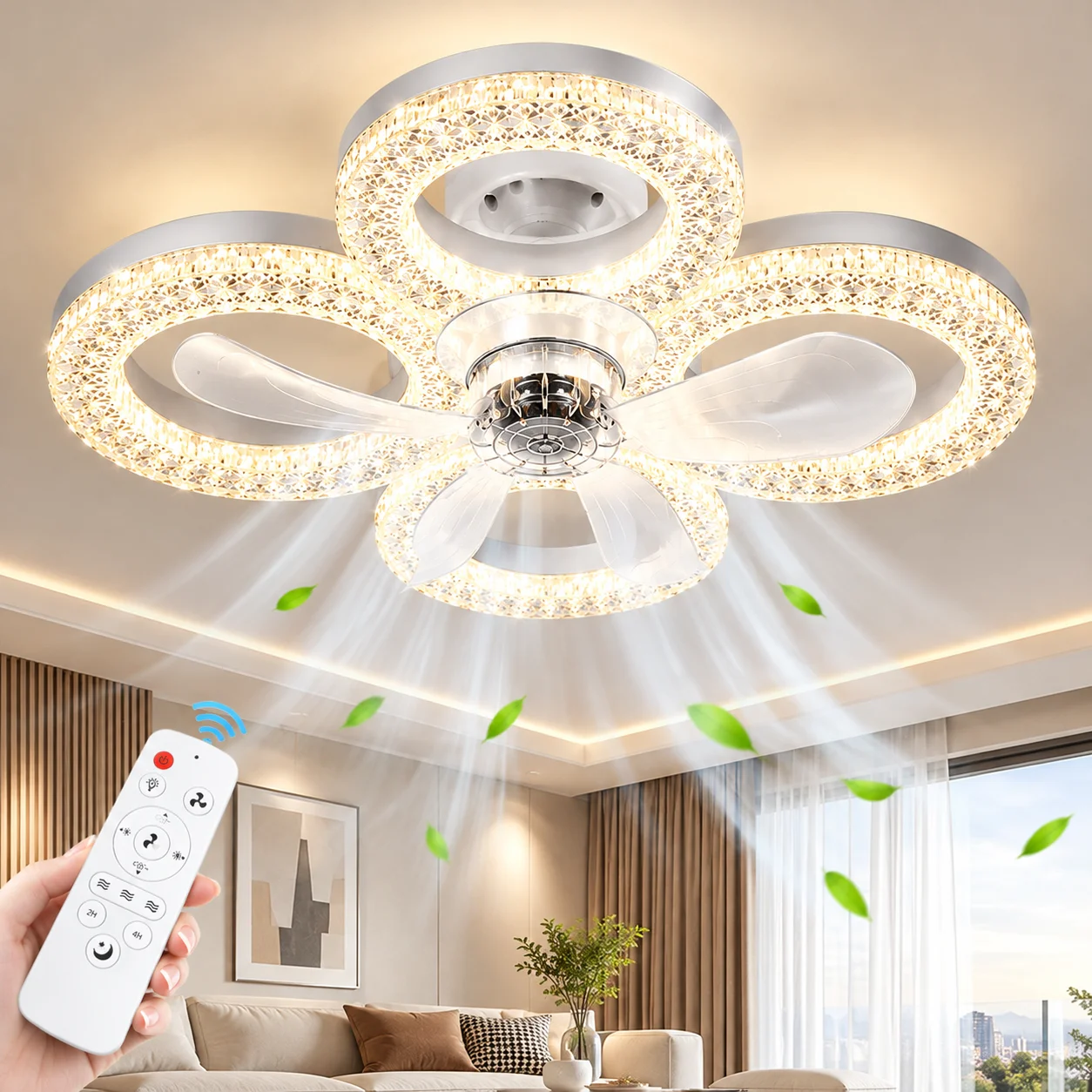Dual Base Ceiling Fan Light E27 Stepless Dimmable 3 Speeds Timer Remote LED Lamp for Bedroom Living Hall Kitchen Dining Decor