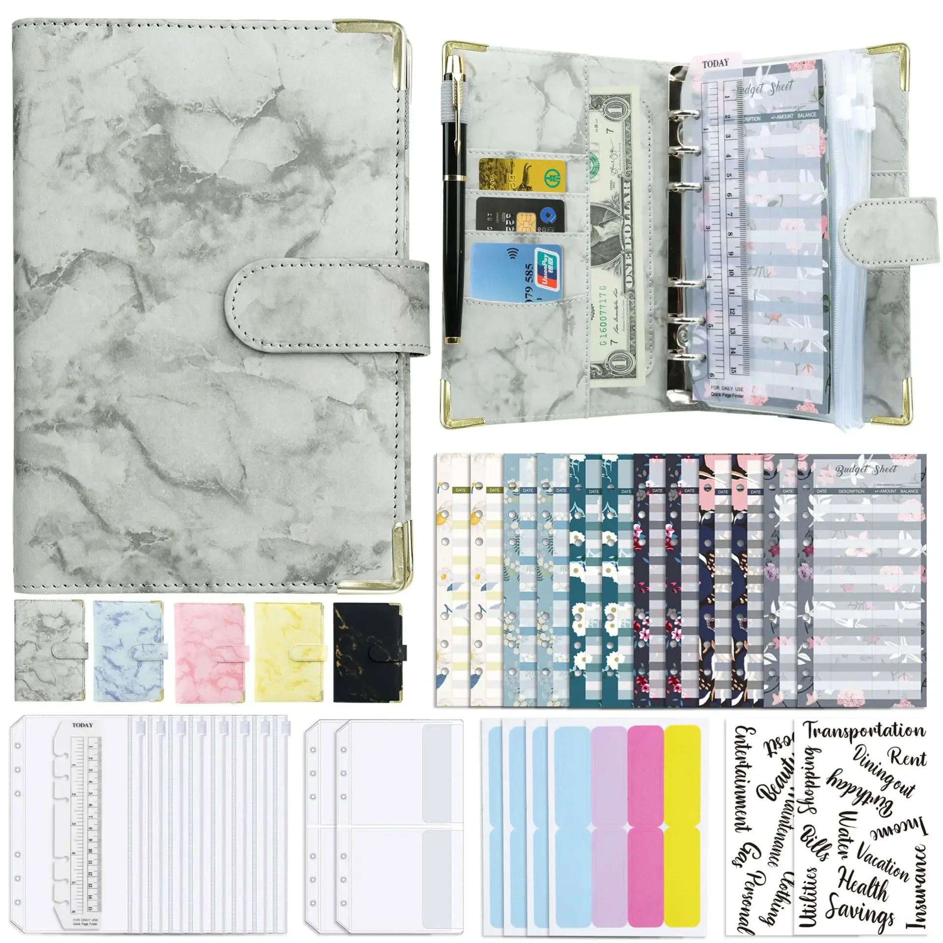 A6 Budget Marble Patterned Leather PU Notebook Binder, Used for Bookkeeping, Saving Money, Family Gifts