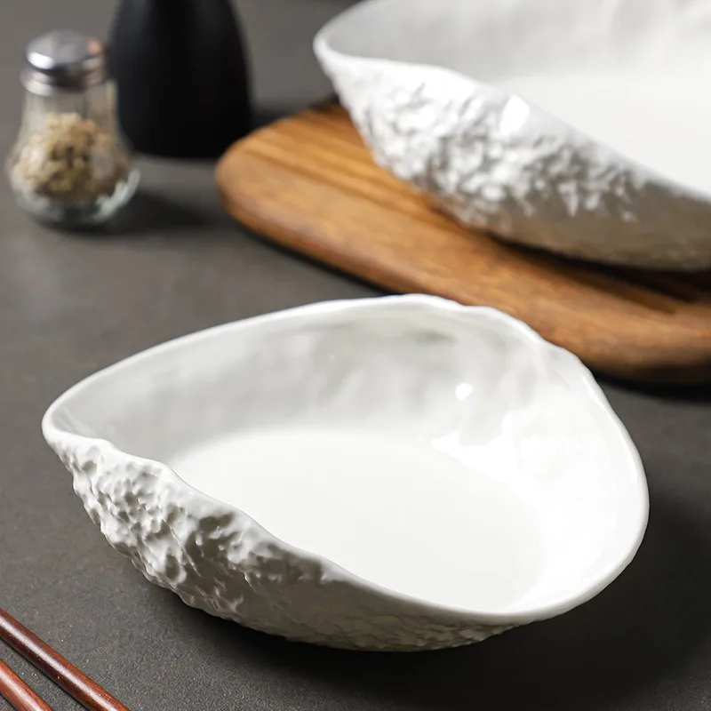 1Pcs Shell Shaped Stone Pattern Household Gold Plated Ceramic Steamed Fish Soup Plate Hotel Fruit Salad Dessert Tableware