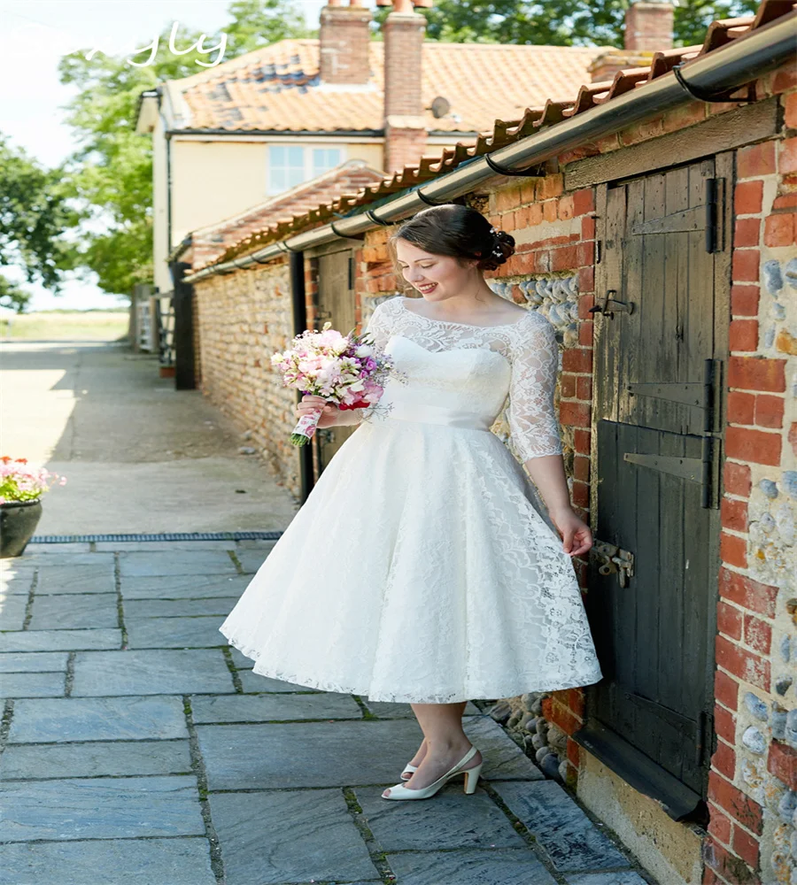 Elegant Plus Size Tea Length Wedding Dress A Line 1940 Short Lace Bridal Dress Chic Beach Boho Civil Gatsby Bride Customized