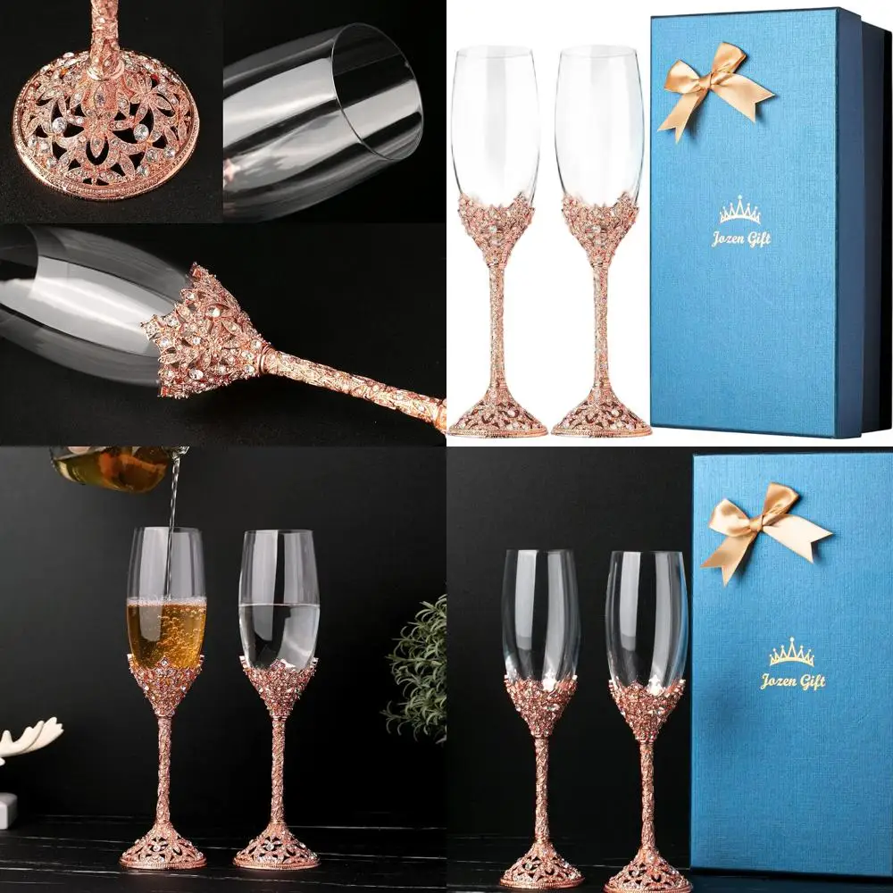 

Rose Gold Crystal Champagne Flutes with Metal Base and Stones, Set of 2 for Weddings, Anniversaries, and Gifts