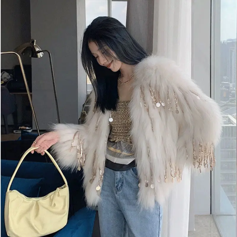 Long Haired Environmentally Friendly fox fur Tassel fur Coat for Women's Short Style 2025 Winter Fashion Temperament Raccoon fur