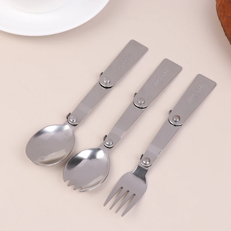 Creative Stainless Steel Folding Spoon Forks Tableware Outdoor Simplicity Portable Three Fold Spoon Fork Travel Folding Spoon