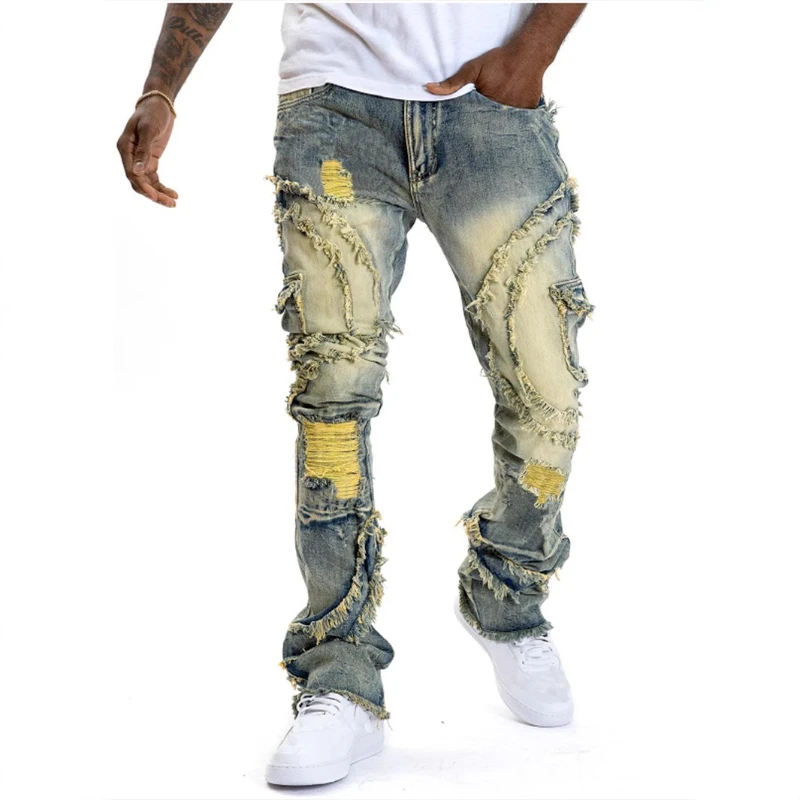 Men Denim Long Pant Jeans Flare Pants High Waist Straight Trousers Y2k Hole Tassel Streetwear Splice Work Casual Autumn 2025