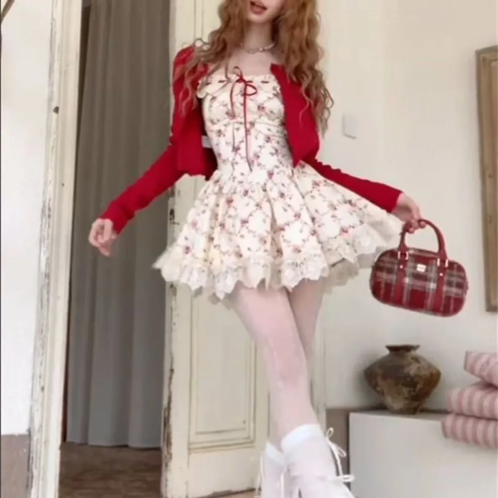 New Autumn Sweet Floral Dress Set Woman Casual Red Cropped Cardigan Elegant Lace Y2k Mini Dress Korean Fashion Clothing Suit