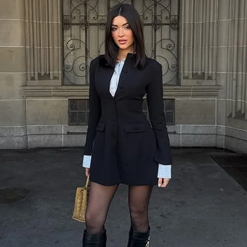 فستان قصير على شكل حرف A للسيدات أنيق بياقة دائرية وأكمام طويلة وصدر واحد بقصة ضيقة ملابس مكتب للسيدات ملابس شارع عالية