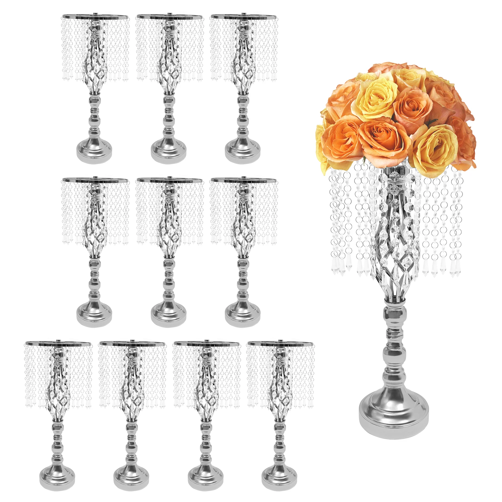 

10pcs Plated Silver Vases Flower Stand Wedding Centerpieces Party Crystal Flower Stand 19.3 in Flower Holders