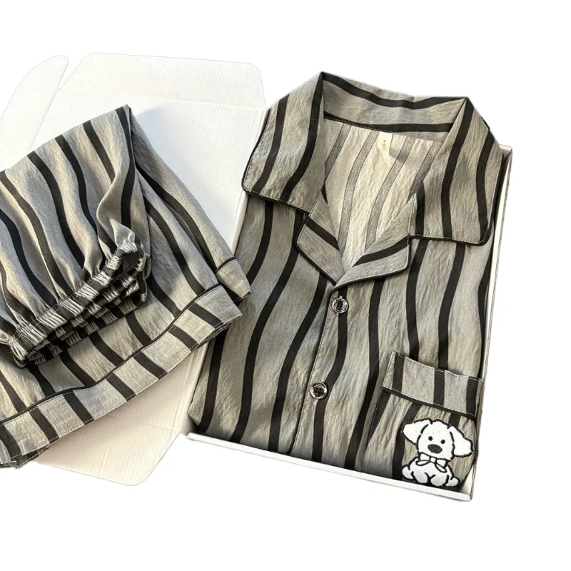 Men's Pajamas Summer New Cloud Cotton Striped Puppy Cartoon Simple Style Teen Cardigan Lapel Loungewear Short Sleeve Shorts Sets
