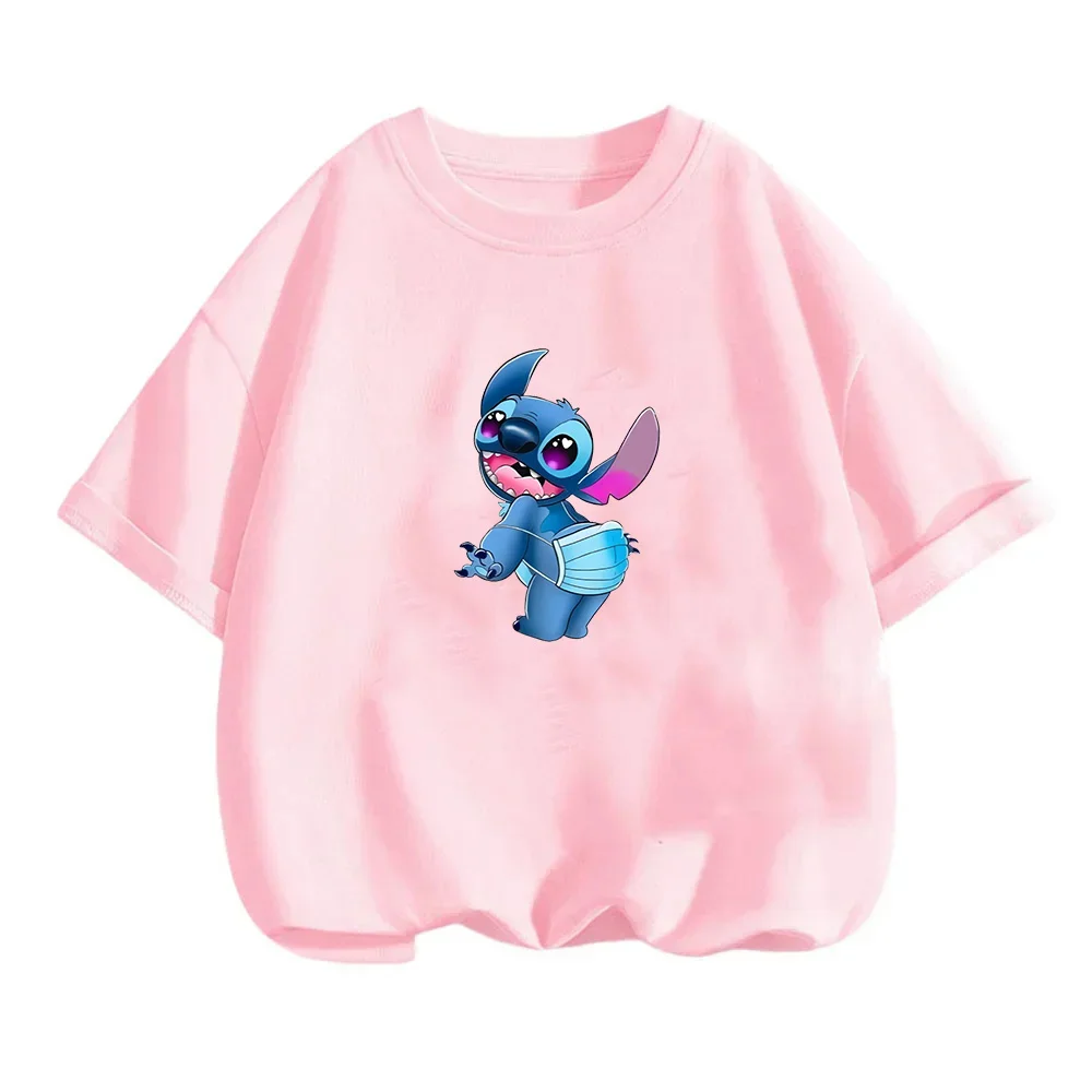 

Детская футболка Miniso Lilo Stitch Disney, повседневная одежда с короткими рукавами и милым мультяшным графическим принтом для девочек, топы с круглым вырезом в стиле аниме