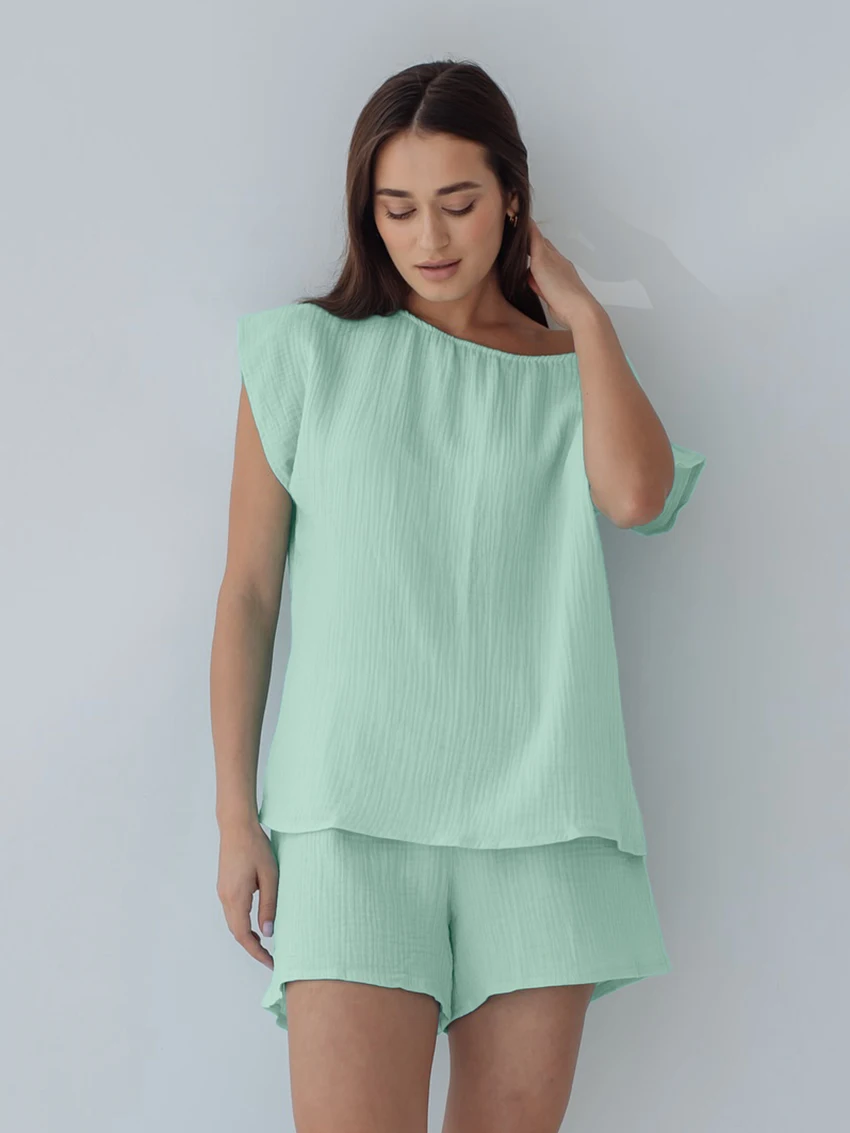 Marthaqiqi Summer Loose Ladies Nightwear Suit Short Sleeve Nightgown Sexy O-Neck Pajamas Shorts Casual Cotton Femme Home Clothes