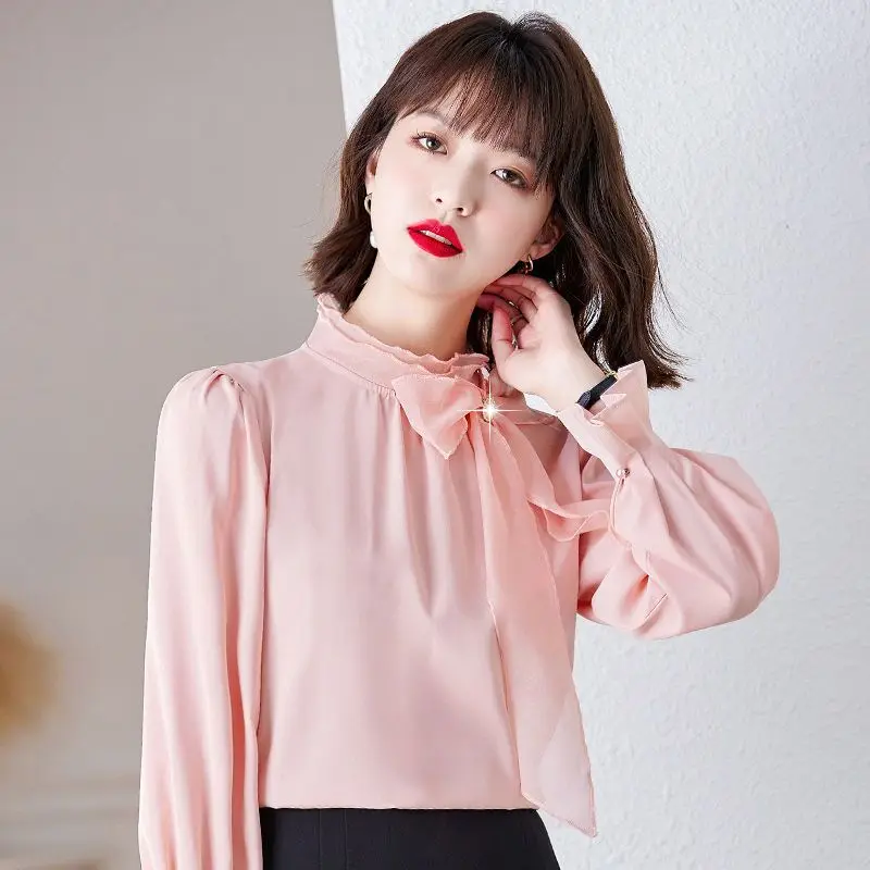 2025 Spring New Style Long-sleeved Bow Shirt Pink Stand-up Collar Chiffon Shirt Women Top
