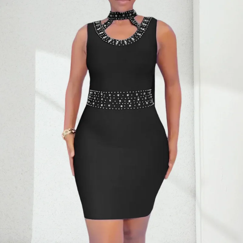 

Black Tight Fitting Buttocks Dresses Fashion Diamond Sleeveless Short Dress Sexy Hollow Slim Bodycon Ladies Nightclubs Skirt