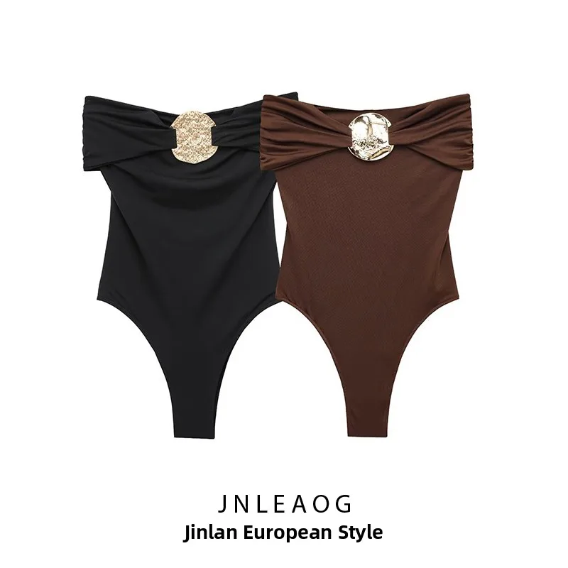 JNLEAOG Metal Embellished One-Shoulder Swimsuit Women's Fashion Autumn New Style High Waist Short Pants Cotton Fabric