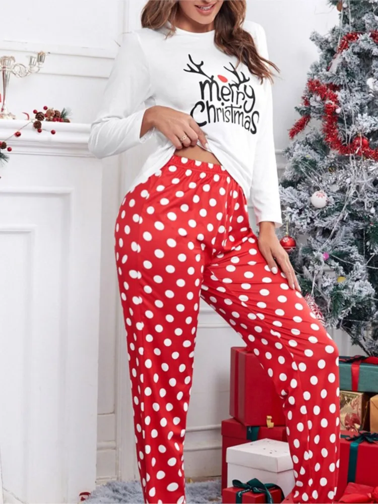 

Пижамы с рождественским принтом, комплект из двух предметов, женская мода, топы с круглым вырезом и длинными рукавами, брюки, костюм, осенне-зимняя женская ночная рубашка, наряд