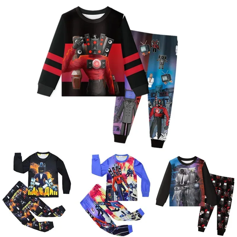 2025 12 Skibidi T-المرحاض تأثيري ازياء منامة مضحك المتكلم التلفزيون رجل كاميرا الفيديو لعبة الشكل 2 قطعة مجموعات للأطفال هالوين #2