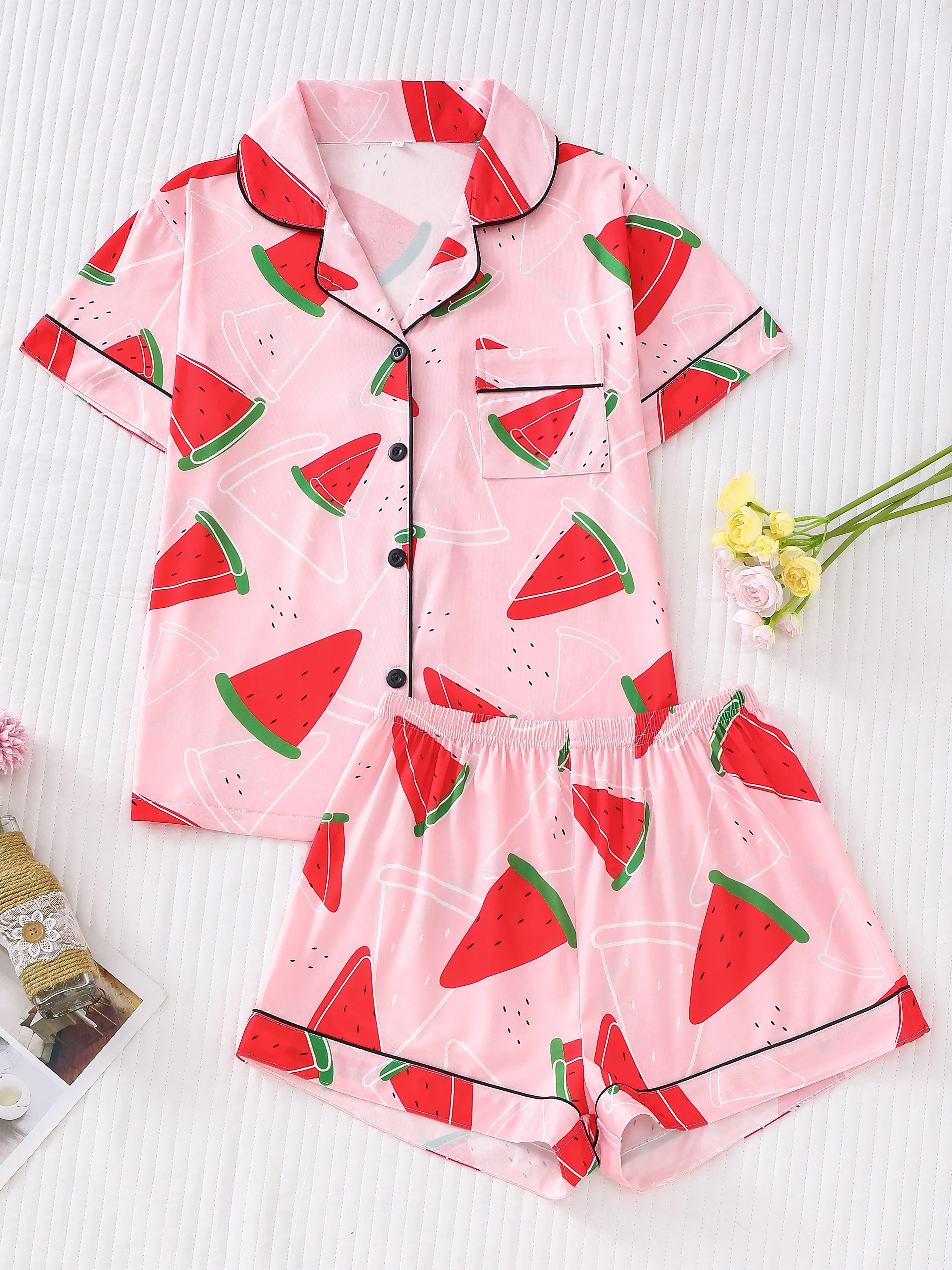 Cute fruit watermelon print pajama set for women lapel short-sleeved top and loose shorts casual pajamas for women