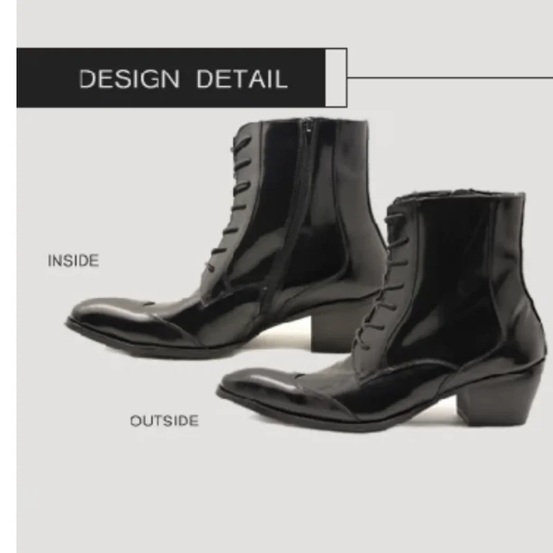 Crossover Strap Shoes for Males Square Toes Chunky High Heels Patent Leather Tacones Men Short Boots Sewing Lines Zapatos Hombre