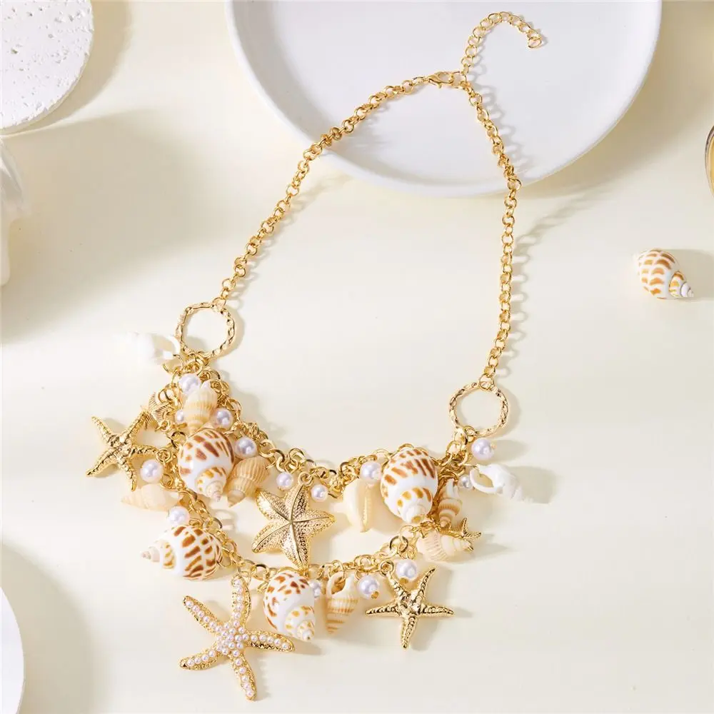 

Vacation Bohemian Starfish Necklace Pearl Tassel Pendant Conch Shell Bracelet Exaggerate Summer Beach Jewelry for Women