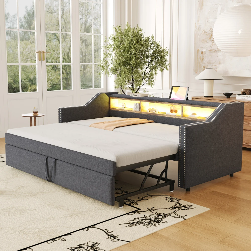 Ausziehbares Schlafsofa 90/180 x 190 cm, multifunktionales Aufbewahrungsfach, LED-Licht und USB-Buchse, mit Gitter, Dunkelgrau