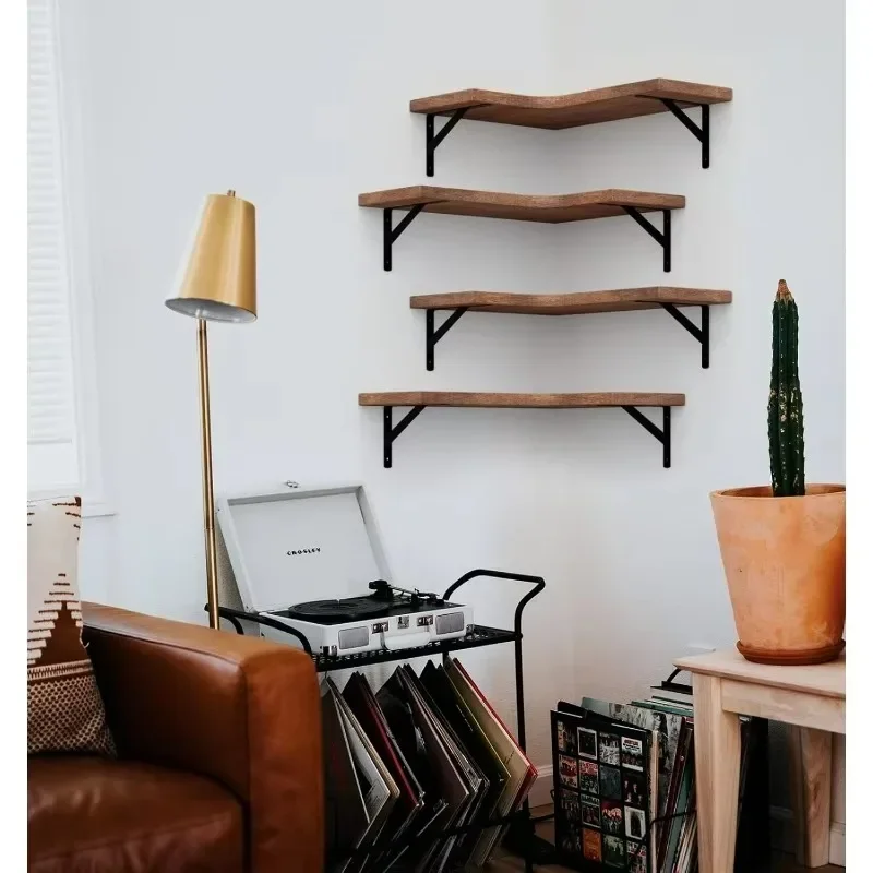 Corner Floating Shelves Set of 4, Hardwood Storage Shelves, Cozy & Dependable Floating Shelves for Bedroom, Living Room