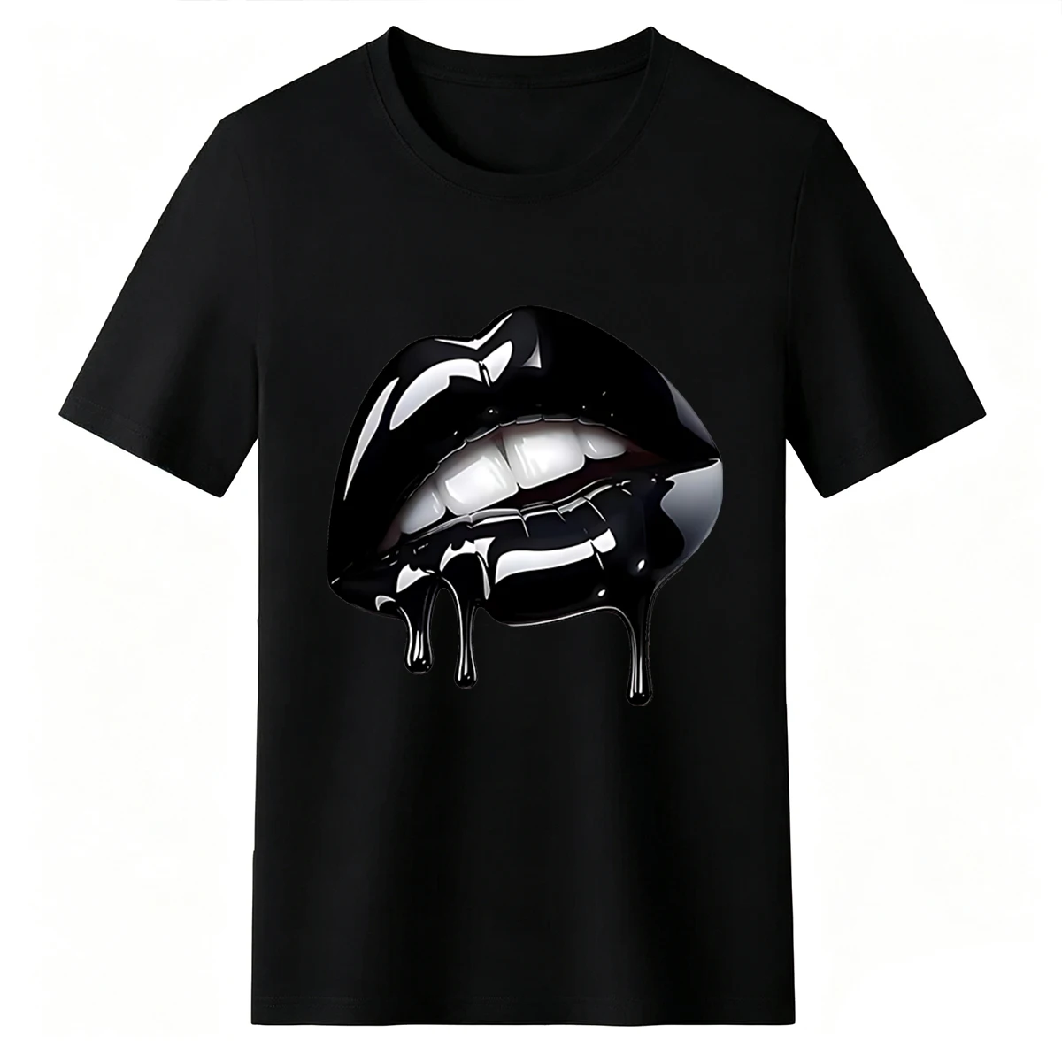 Glossy Dripping Black Lips Retro Graphic Plus Size Women 100% Cotton Soft Loose Crew Neck Short Sleeve T-Shirt For Gothic Street Daily Tops view 4