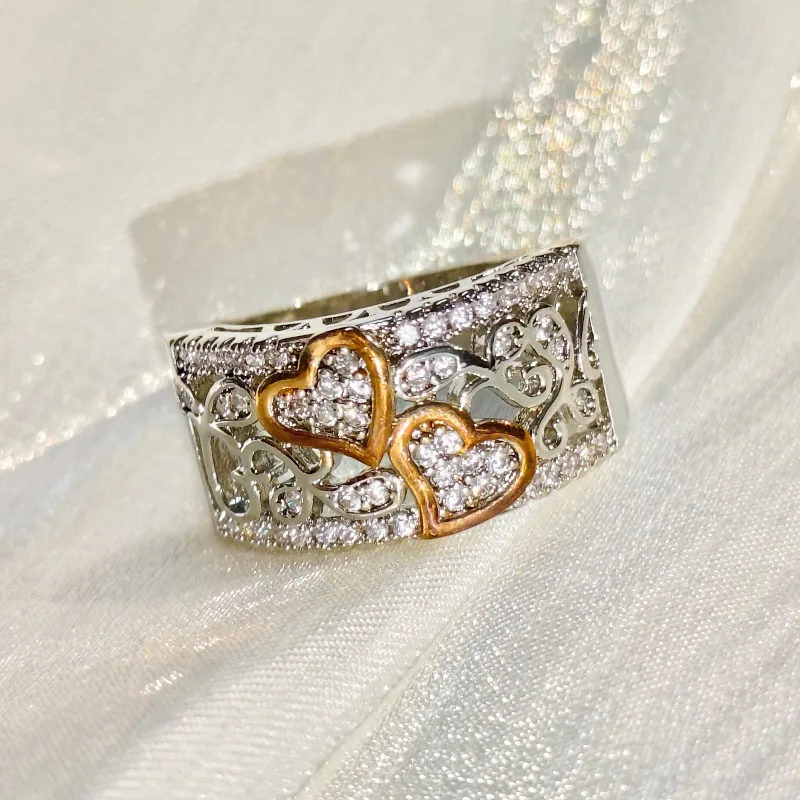 

Широкое кольцо из стерлингового серебра 925 пробы с двойным сердцем и цирконами, элегантное винтажное украшение