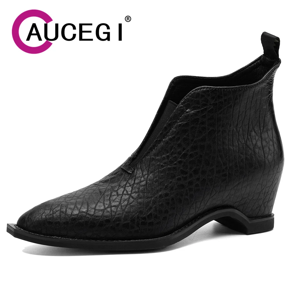 Aucegi Autumn Winter Pointed Toe Women Ankle Boots Fashion Elegant Vintage Increased Internal Heels Casual Handmade Shoes