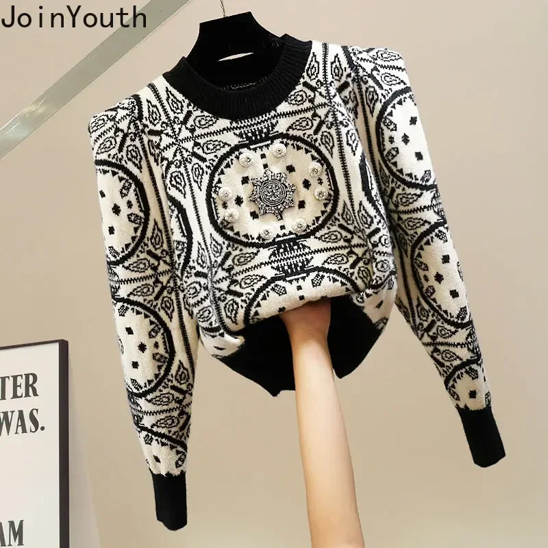 Vintage Cropped Pullovers for Women Beading Floral Korean Jumper O-neck Casual Knitted Sweater Tops Pull Femme Sueter Mujer